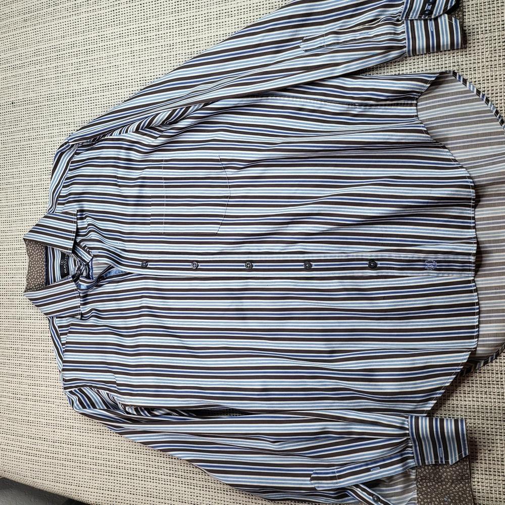 Bugatchi Uomo Dress Shirt Mens Medium Blue Brown Stripe Long Sleeve Button Front